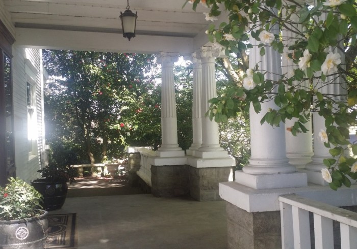 A covered porch with white columns and a ceiling, surrounded by plants and trees.